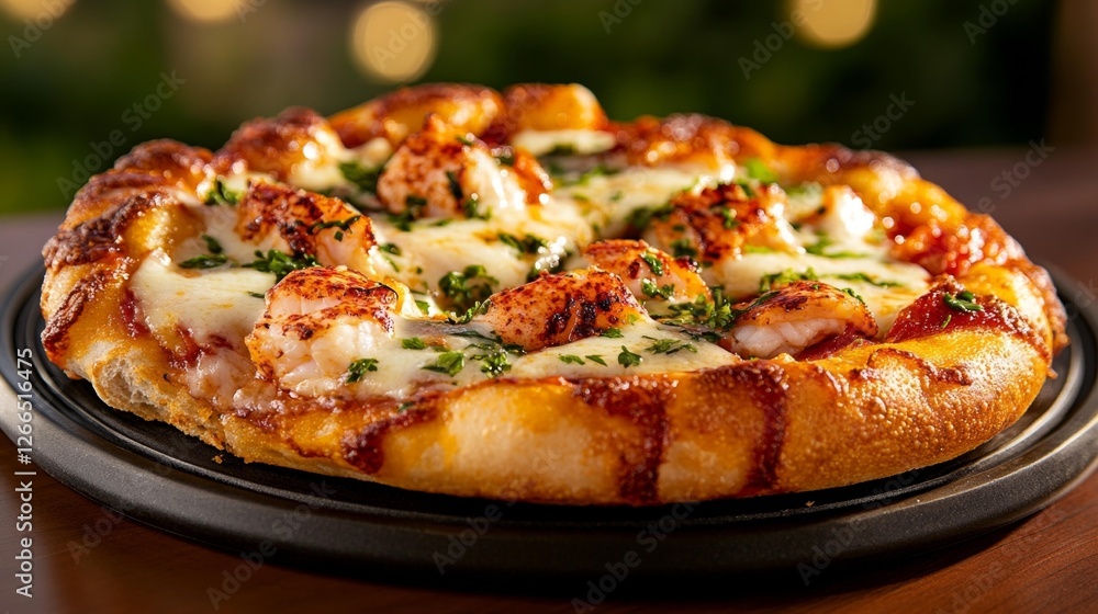 Shrimp pizza with melted cheese and fresh herbs on a round crust. Generative AI Shrimp pizza with melted cheese and fresh herbs on a round crust. Generative AI