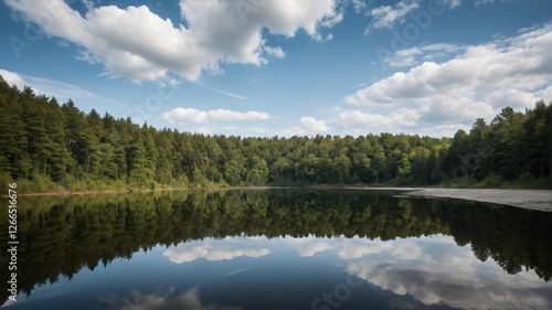 there is a boat that is sitting on the water in the middle of the woods