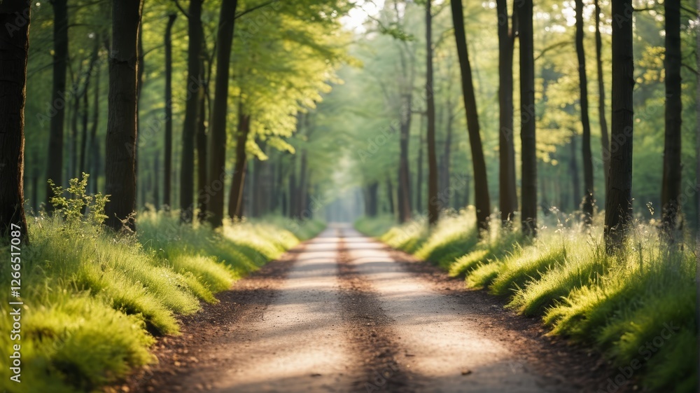 Fototapeta premium there is a dirt road that is lined with trees and grass