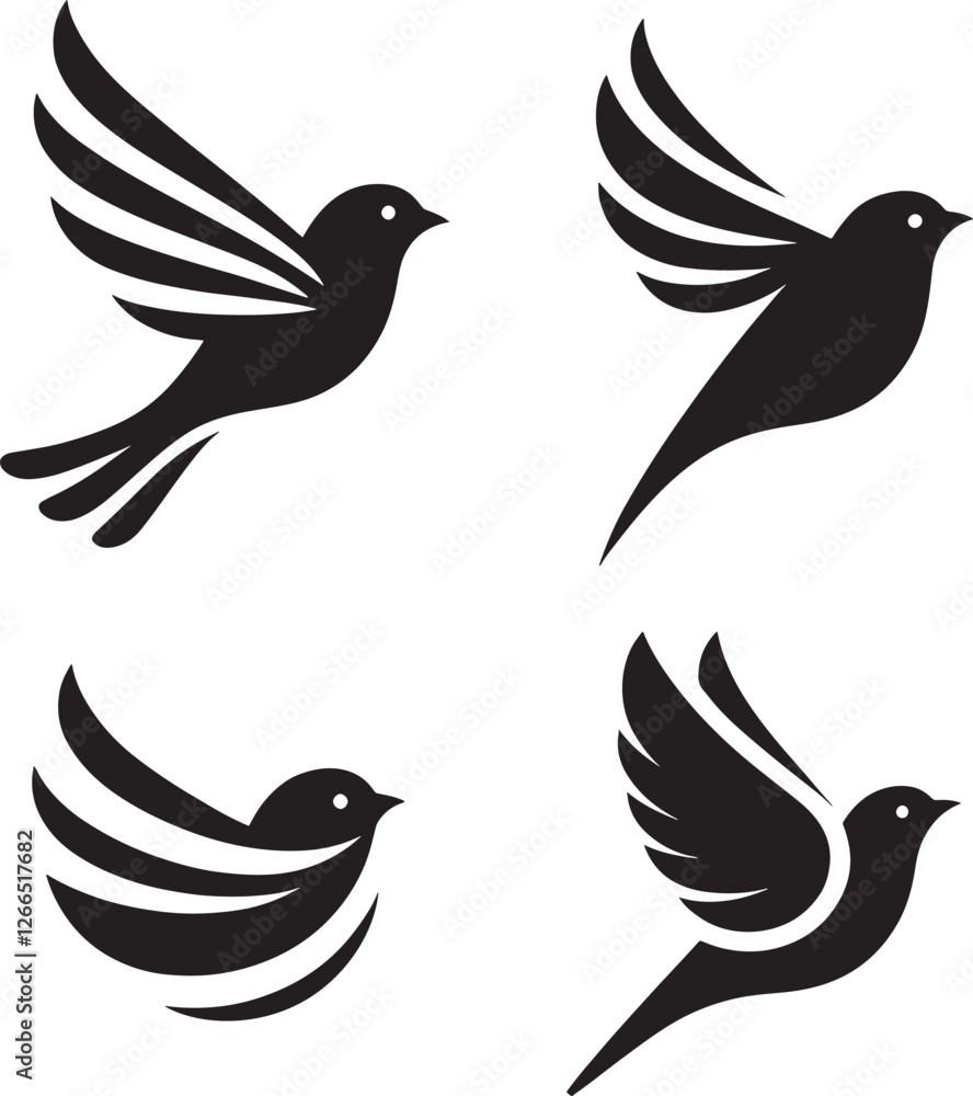 Fototapeta premium Four stylized black birds in flight.