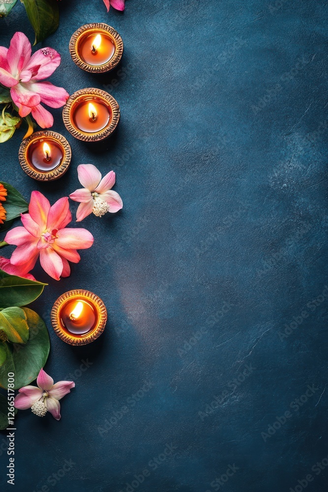 Fototapeta premium Floral candles, dark blue background, spa relaxation, Diwali
