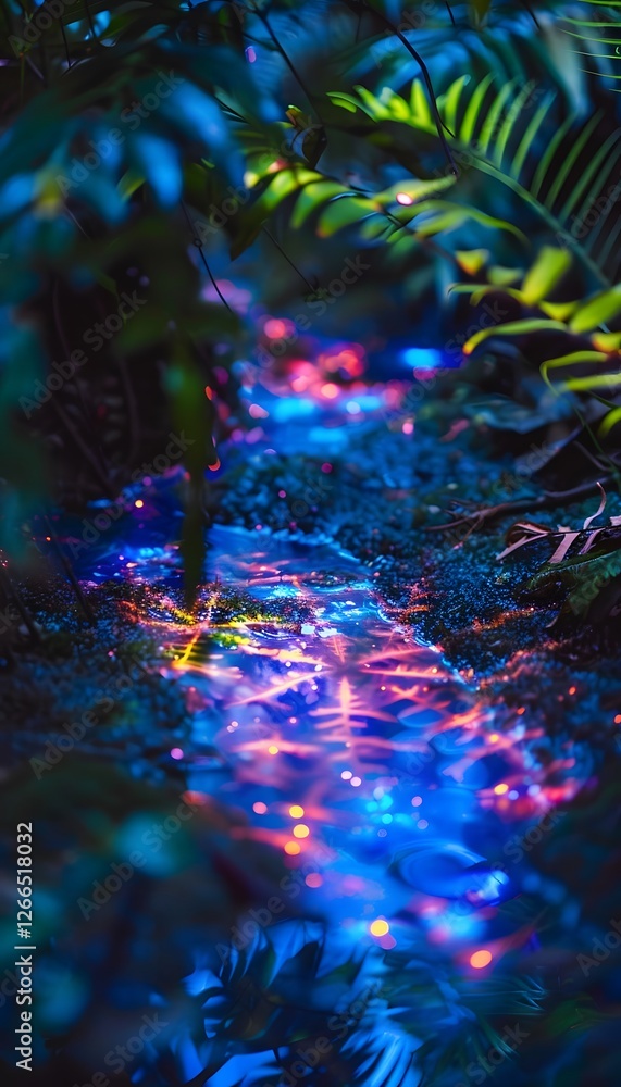 Fototapeta premium Close-up of a glowing bioluminescent plant in an otherworldly forest, its vibrant hues casting subtle reflections onto nearby surfaces