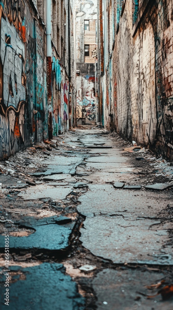 Fototapeta premium Narrow alleyway lined with graffiti and cracked pavement in city