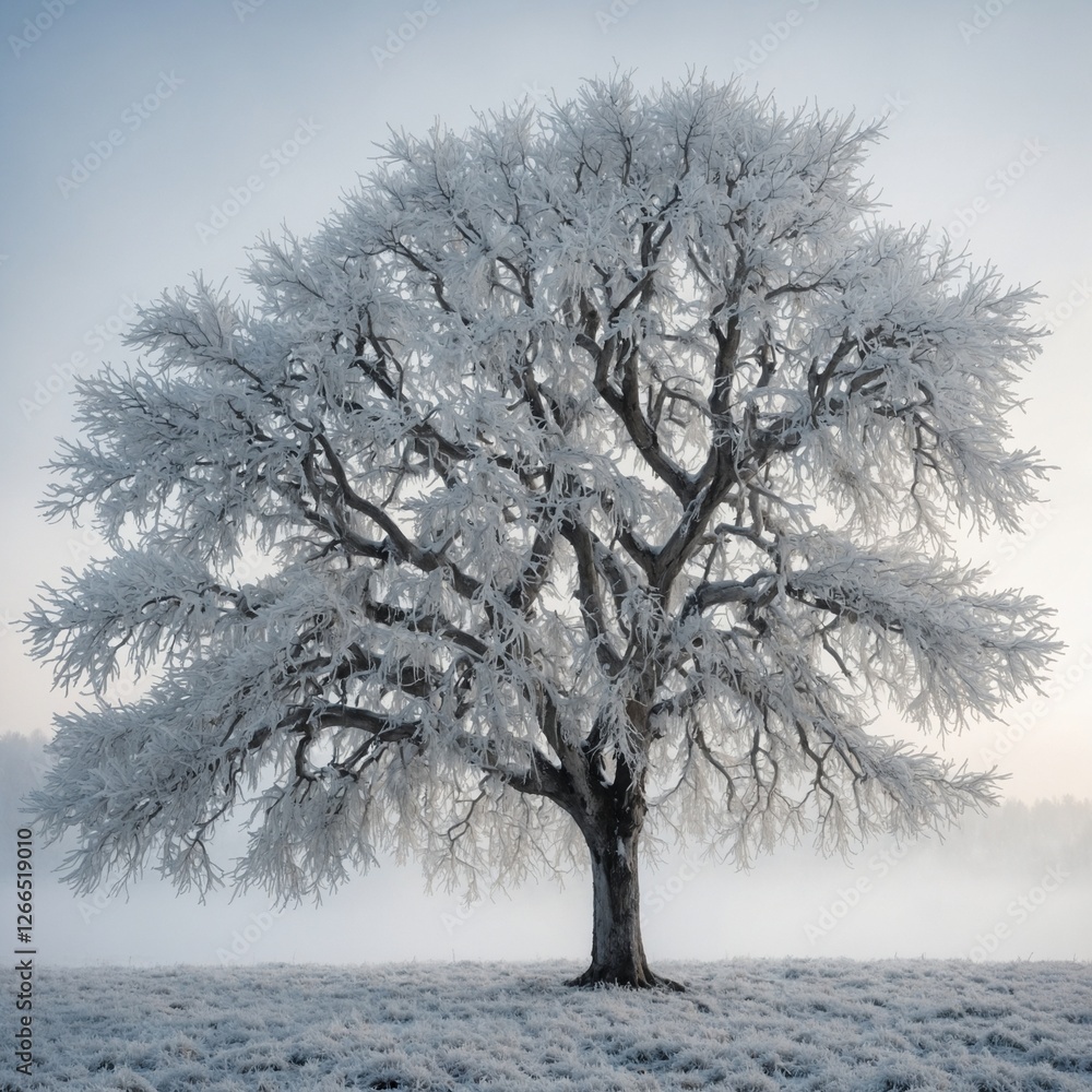 Fototapeta premium A mystical winter tree with bare frosted branches on a pure white background.
