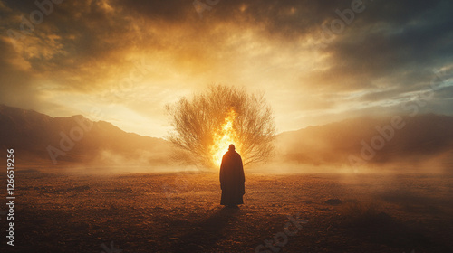 Moses stands in awe before the burning bush, a moment of divine revelation at twilight in a vast wilderness