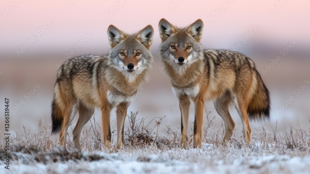 Two Coyotes in Snowy Field at Dawn Two Coyotes in Snowy Field at Dawn
