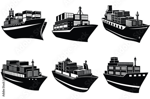 cargo ships and vessels at sea with silhouettes of ships, tankers, and containers in a harbor for transportation and shipping