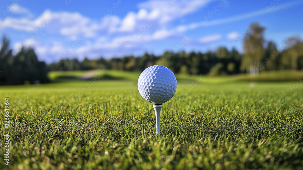 golf ball on tee in grassy field, surrounded by trees and blue sky, evokes sense of calm and focus golf ball on tee in grassy field, surrounded by trees and blue sky, evokes sense of calm and focus