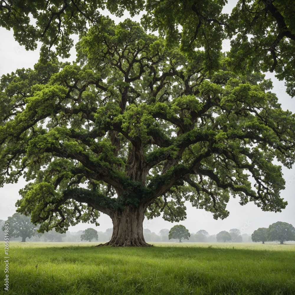 A majestic oak tree with lush green leaves on a pure white background. A majestic oak tree with lush green leaves on a pure white background.
