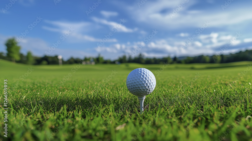 golf ball on tee in grassy field, surrounded by beautiful landscape golf ball on tee in grassy field, surrounded by beautiful landscape