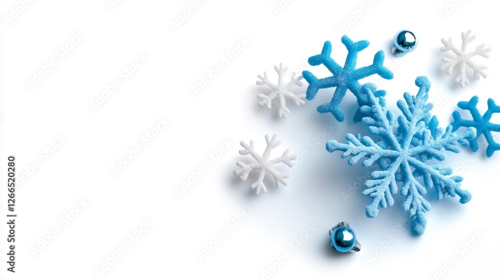 Fototapeta premium Blue and White Snowflakes with Blue Christmas Decorations on Isolated Background. Generative AI