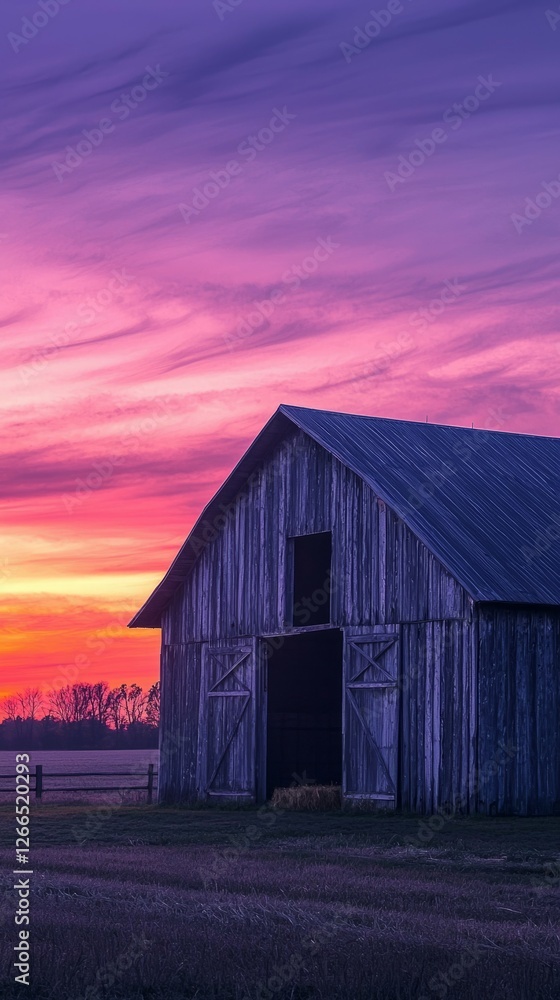 Obraz premium Rustic Wooden Barn Under Vibrant Sunset in Rural Landscape