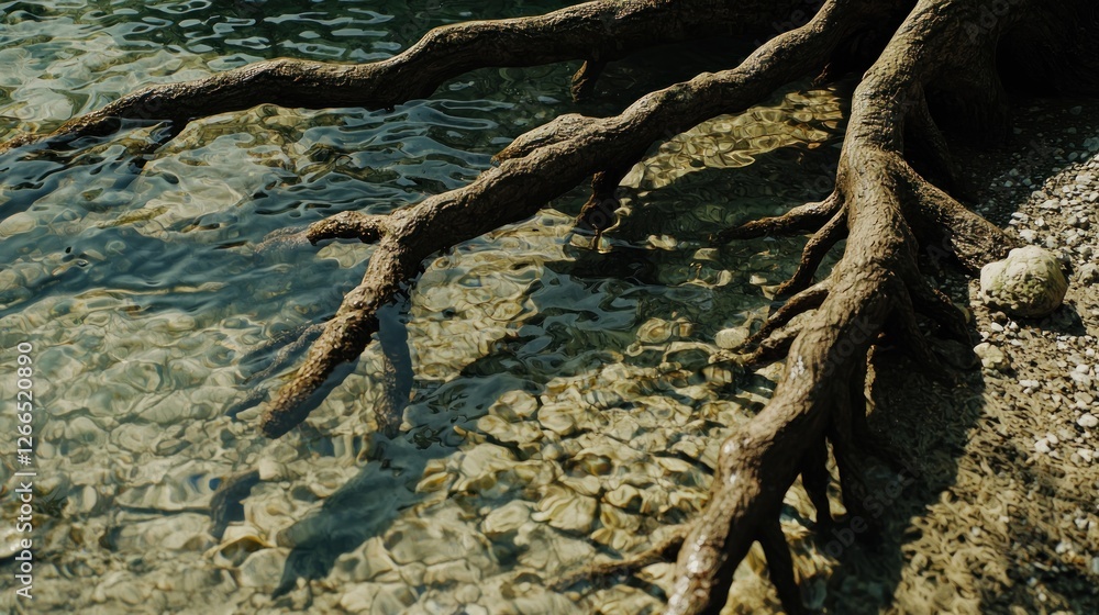 Clear water, tree roots extending into shallows, pebble beach, sunlight Clear water, tree roots extending into shallows, pebble beach, sunlight