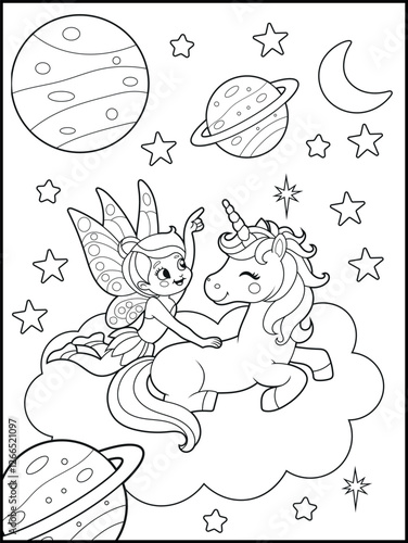 Black and white fairy coloring pages for kids. Children's coloring books with cute cartoon fairy and unicorn characters are in the space, fun and educational materials for kindergarten.
