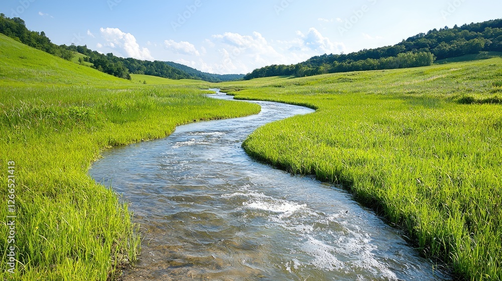 Serpentine river flows through green valley meadow, sunny day. Nature background, travel poster Serpentine river flows through green valley meadow, sunny day. Nature background, travel poster