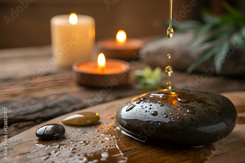 Relaxing Healing Stones With Droplets Of Oil And Candles On Wood Surface And
