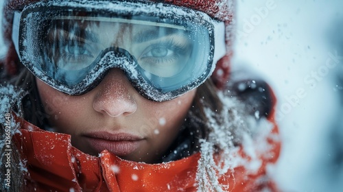 Close-Up of Woman in Snowy Environment with Ski Goggles. Generative AI photo