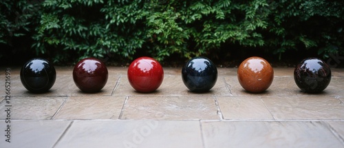 A row of colorful bocce balls on a stone surface. photo