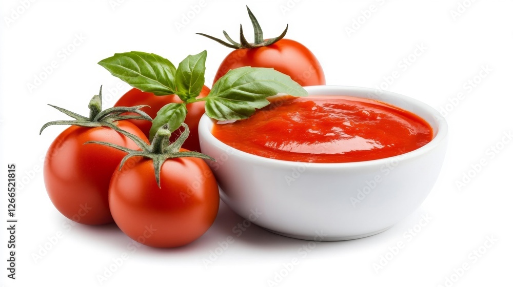 Fresh Tomatoes and Basil with a Bowl of Tomato Sauce. Generative AI Fresh Tomatoes and Basil with a Bowl of Tomato Sauce. Generative AI
