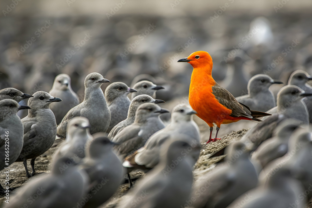 Colorful Bird Among Others On Coastal Sand During Daytime Hours. Birds Show Colorful Bird Among Others On Coastal Sand During Daytime Hours. Birds Show