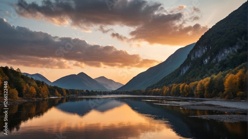 mountains are reflected in the water of a lake at sunset