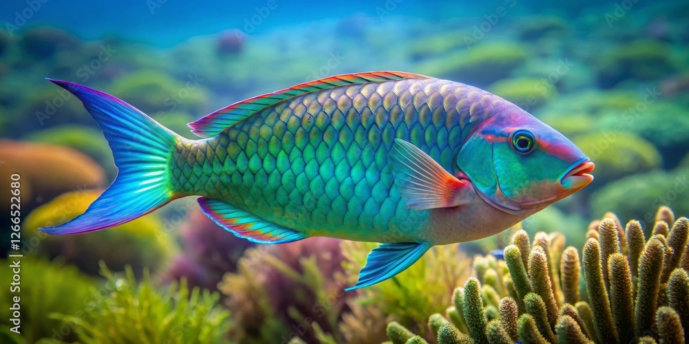 Fototapeta premium Vibrant Rainbow Parrotfish Swimming in a Lush Underwater Coral Reef Scene