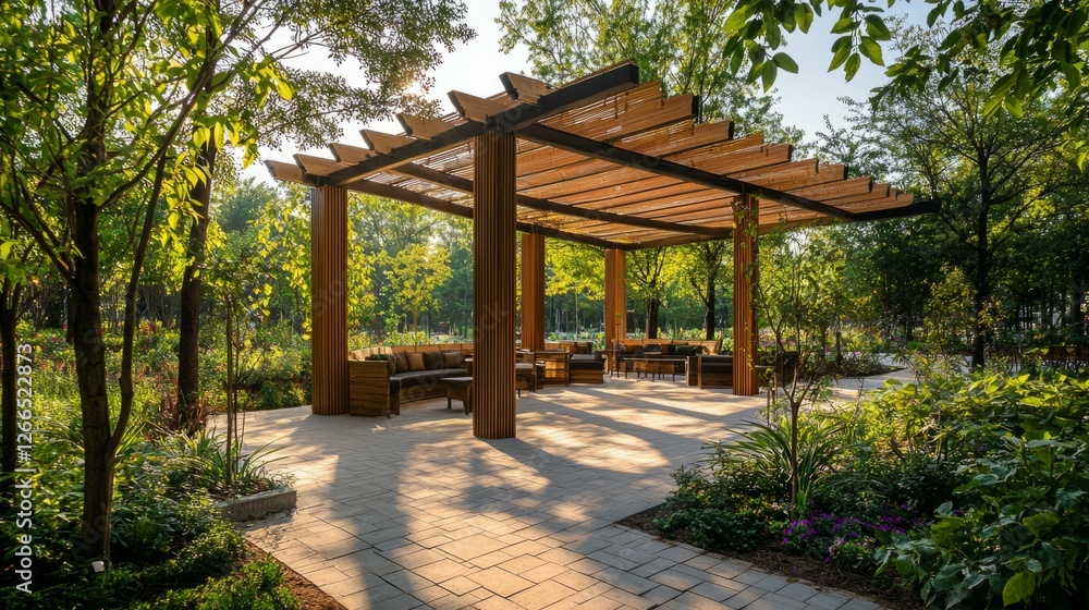 Serene Outdoor Pavilion Surrounded by Lush Greenery and Light Serene Outdoor Pavilion Surrounded by Lush Greenery and Light