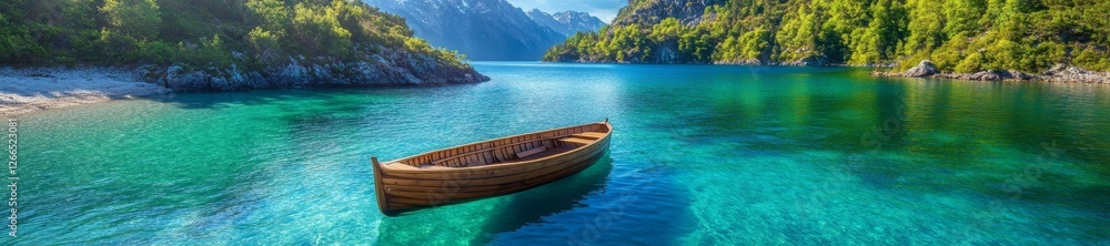 Naklejka premium Serene Crystal Clear Water with a Wooden Boat on Calm Lake. Generative AI