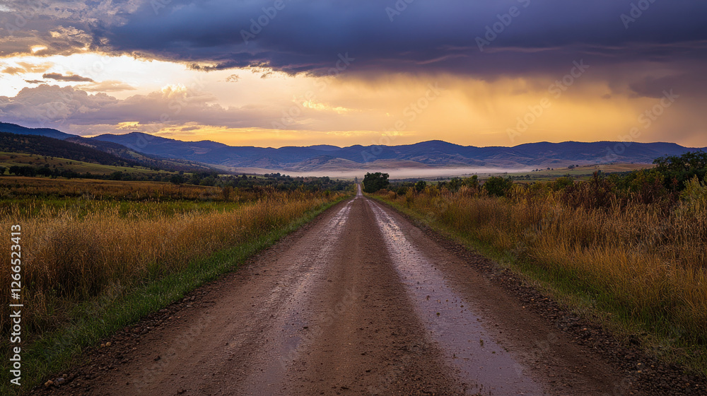 rural road surrounded by fields under dramatic sky rural road surrounded by fields under dramatic sky