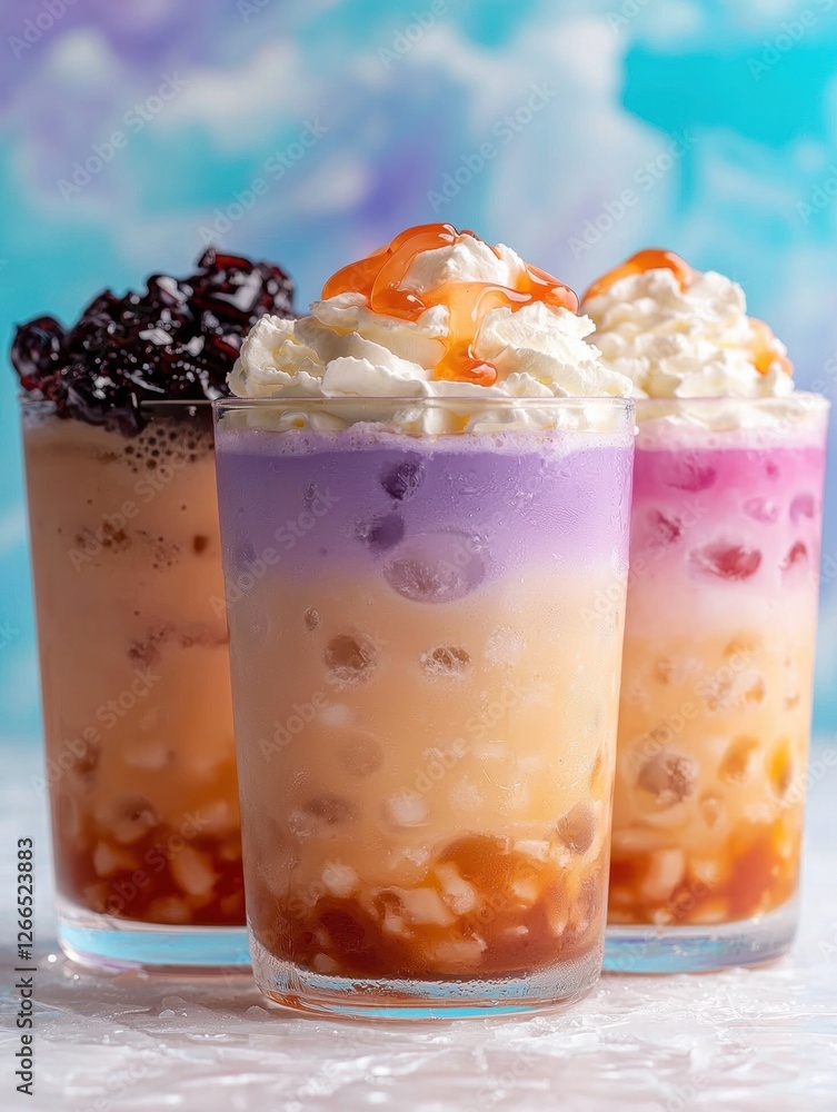 Three colorful boba drinks with whipped cream and toppings. Three colorful boba drinks with whipped cream and toppings.