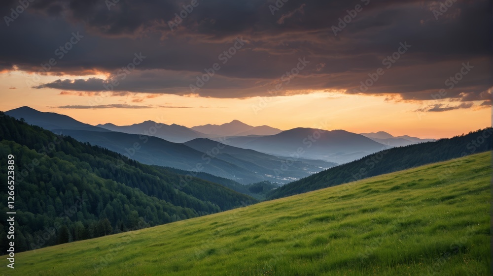 Obraz premium mountains in the distance with a green field and a few trees