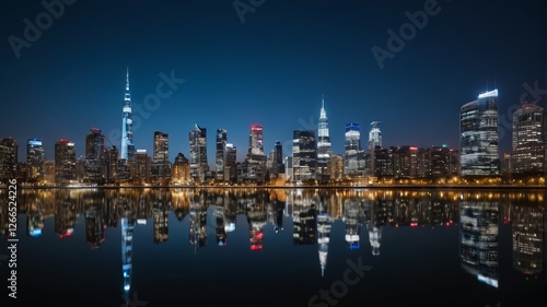 arafficial photograph of a city skyline at night with a reflection in the water