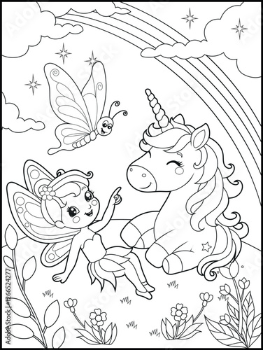Black and white fairy coloring pages for kids. Children's coloring books with cute cartoon fairy and unicorn characters, fun and educational materials for kindergarten.

