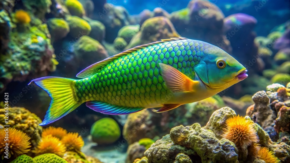 Vibrant Parrotfish in a Lush Underwater Paradise, Swimming Amongst Coral and Sea Flora Vibrant Parrotfish in a Lush Underwater Paradise, Swimming Amongst Coral and Sea Flora