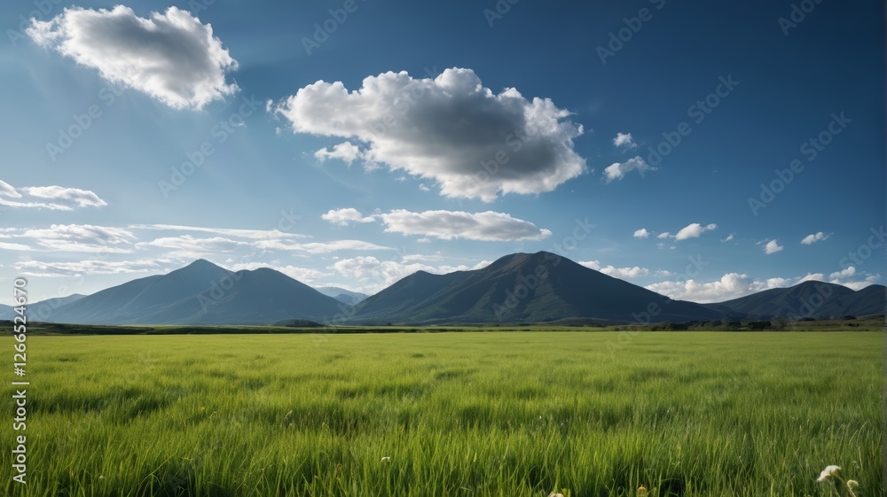 Fototapeta premium grassy field with mountains in the background and a blue sky