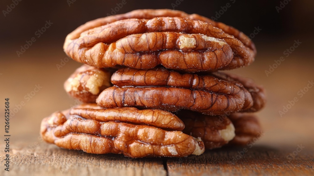 Close-Up of Pecans Stacked on Wooden Surface with Natural Lighting. Generative AI