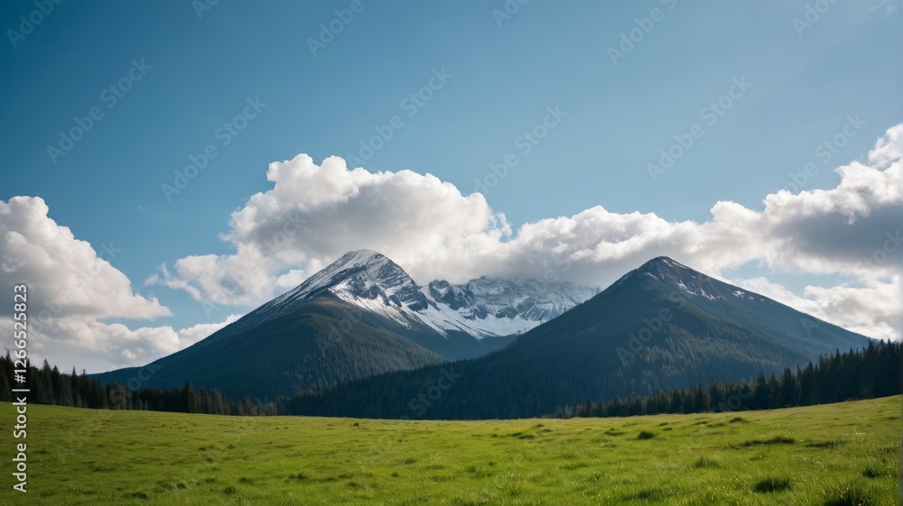 mountains with snow on them and a green field with trees mountains with snow on them and a green field with trees