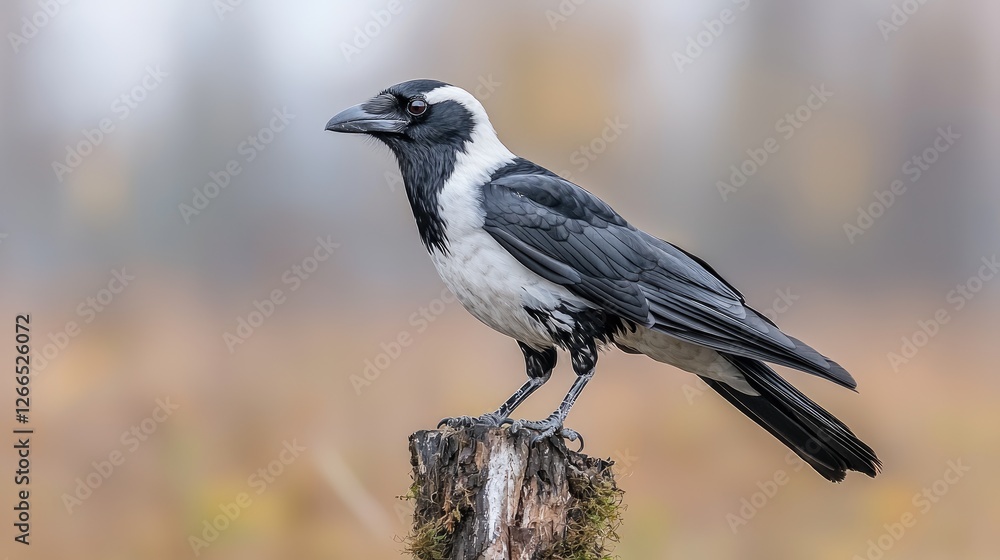 Black and White Crow Perched on Stump in Autumnal Woods Black and White Crow Perched on Stump in Autumnal Woods