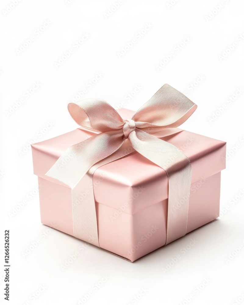 A pink square gift box tied with a shimmering rose gold ribbon and bow sits on a clean white surface. The composition is simple and elegant A pink square gift box tied with a shimmering rose gold ribbon and bow sits on a clean white surface. The composition is simple and elegant