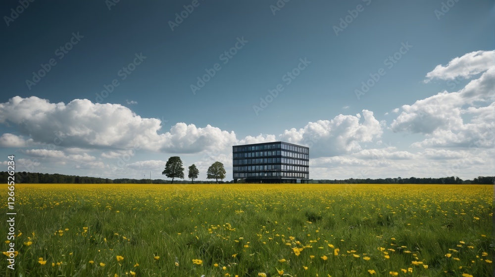 there is a large field of yellow flowers in front of a building there is a large field of yellow flowers in front of a building