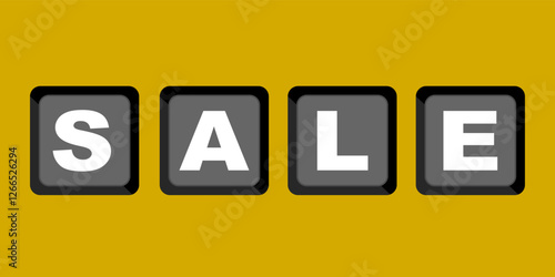 Letter combination S,A,L,E means sale. Clip art keyboard button isolated on yellow background. Keyboard digital shortcut graphic resource
