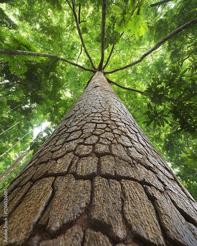 Looking up at a tall tree in a forest with blurred lush foliage in the background, for enviromental use photo