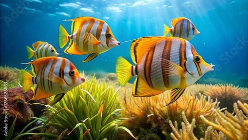 Striped tropical fish swim amidst vibrant underwater flora and fauna, bathed in sunlight
