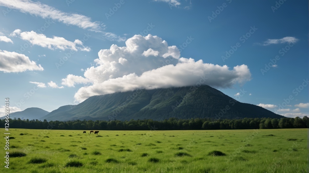 there is a large grassy field with a mountain in the background there is a large grassy field with a mountain in the background