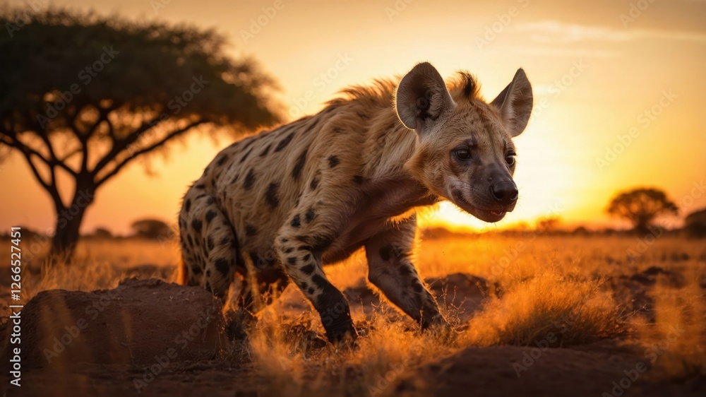 A hyena walking through a sunset landscape, showcasing its natural habitat. A hyena walking through a sunset landscape, showcasing its natural habitat.