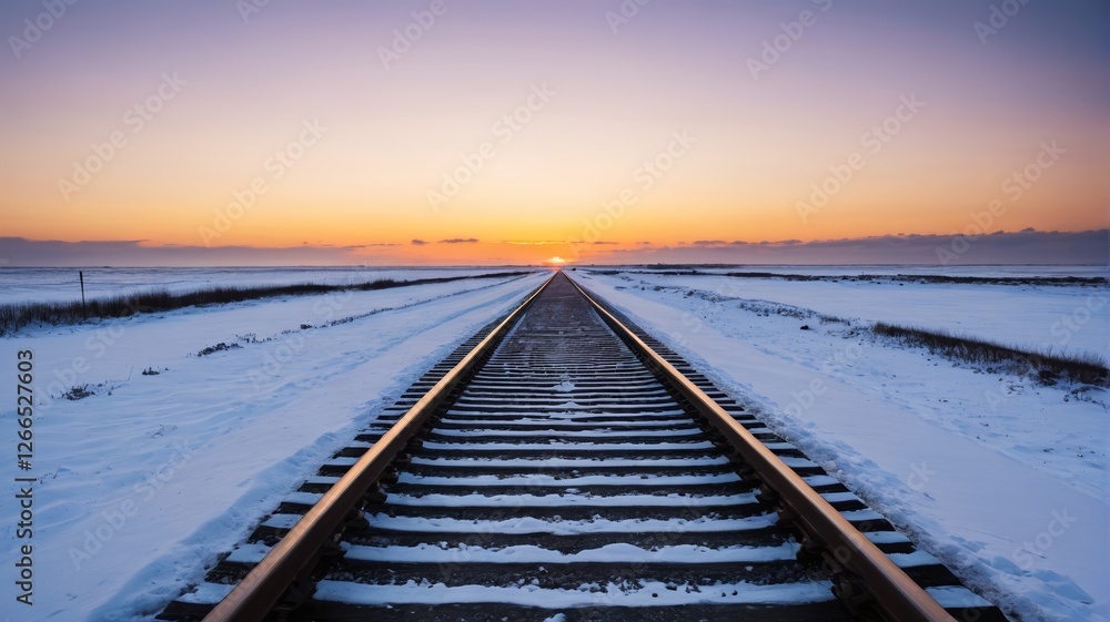 Fototapeta premium arafed train tracks in the snow with a sunset in the background