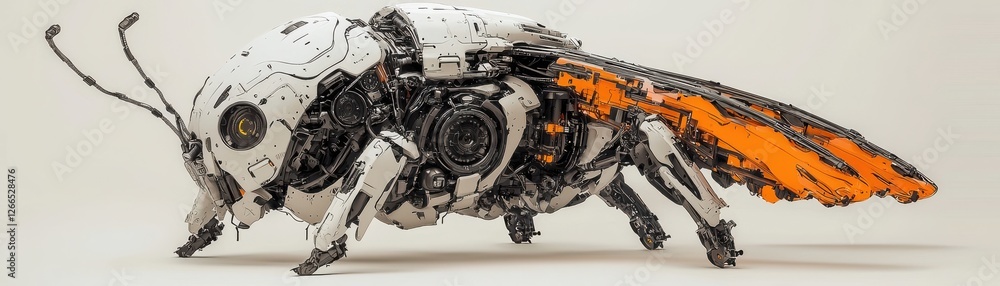 A robotic insect showcasing advanced engineering and design. A robotic insect showcasing advanced engineering and design.