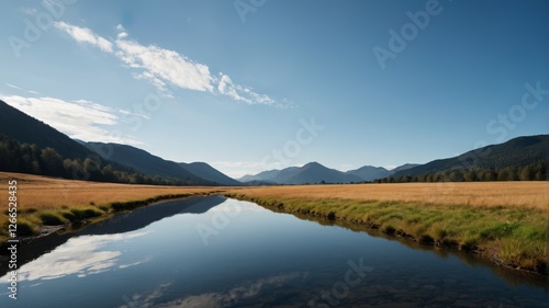 there is a small stream running through a field with mountains in the background