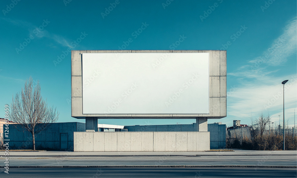 Obraz premium a photo of a modern office building with white, blank billboard in front of it; the building is mainly made of concrete and is located in the outskirts of vienna