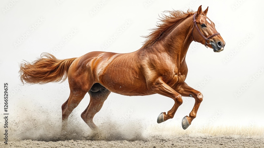 Obraz premium Running horse kicking up dust on sandy terrain. Generative AI